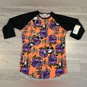 LuLaRoe Disney Randy Tee Medium NWT Minnie Mouse Purple Floral Raglan Shirt